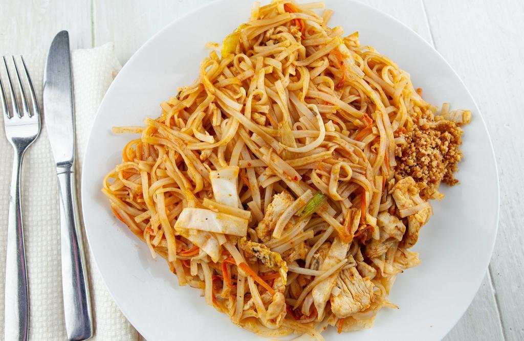 Pad Thai · Rice noodles stir-fried with egg, bean sprouts, green onions, cabbages, carrots, with ground peanuts on the side.
*Any customized order or add-ons other than materials listed will be extra charges.
**NO SUBSTITUTION AND NO MODIFICATION ON LUNCH SPECIAL & LUNCH COMBO.