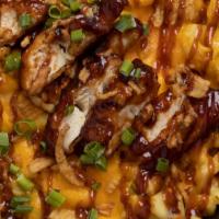 Bbq Mac Pulled Chicken  · Yellow Mac Sauce, White & Yellow Cheddar, Pulled BBQ Chicken, Crispy Onions, Green Onions