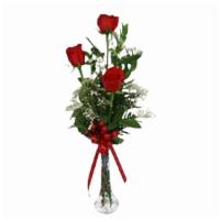 3 Rose Bud Vase · Comes with 3 red roses on a clear vase with red ribbon.