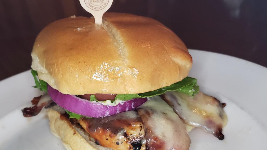 Chicken Sandwich · Grilled Chicken Breast with choice of stout bbq or honey mustard with bacon, swiss, lettuce, tomato, onion, and pickle.