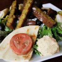 Colossus Salad · Mixed greens, hummus, falafel, kalamata olives, balsamic roma tomatoes, pepperoncini, feta, ...