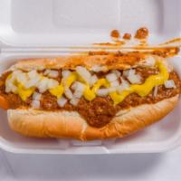 Coney Island · Our famous hot dog topped with chili, mustard onions.