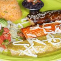 Enchiladas Mexicanas · Three corn tortillas with rice and veggies.
