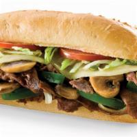 Super Steak Cheesesteak · Grilled with onions, green peppers, mushrooms & provolone cheese, topped with lettuce, tomat...