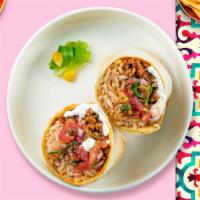 Carnitas And Release Burritos · Braised pork shoulder topped with sour cream, salsa, cheese, and refried beans wrapped in a ...