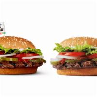 Impossible Taste Test · Our WHOPPER® sandwich has savory flame-grilled beef topped with juicy tomatoes, fresh lettuc...