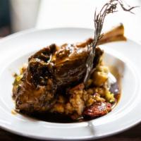 Lamb Shank · Gluten-free. White cheddar mashed potatoes, rosemary-mint, served with house demi.