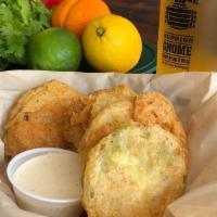 Fried Green Tomatoes · Beer battered, white BBQ.