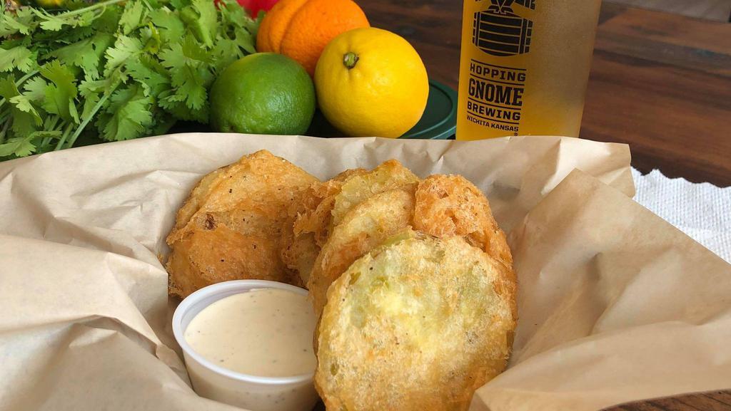Fried Green Tomatoes · Beer battered, white BBQ.