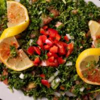 Tabbouli Salad - Small · Parsley, tomato, onion, cracked wheat, olive oil and fresh lemon.