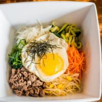 B-1. Bibimbap · Assorted vegetables with fried egg and spicy home made sauce
