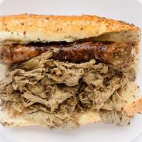 Combo-Beef & Sausage · Italian Beef with char-grilled Italian sausage on French Bread.
