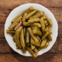 Green Beans · Blue Lake, Wisconsin beans slowly simmered with bacon.