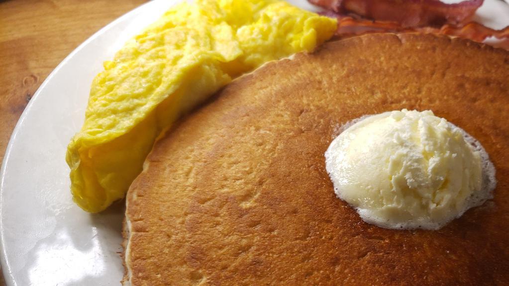 Pancake Platter · 1 of our famous cover the plate cakes served with your choice of breakfast meat and eggs.