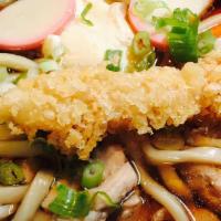 Nabeyaki Udon · Shrimp tempura, chicken thigh meat, fishcake, egg, carrots, green onion and shiitake mushroo...