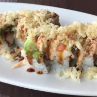 Double Crunchy · Tokyo favorites. Cooked. Eight pieces. Crabstick tempura, smelt roe, cucumber (Shrimp, avoca...