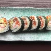 Ehō Maki · New. Raw. Six pieces. Fatty tuna, salmon, crabstick, shrimp, avocado, mayo, smelt roe, sesam...