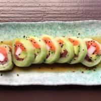 Midori Roll · New. Raw. Seven pieces. Tuna, salmon, crabstick, avocado all wrapped in cucumber with ponzu ...