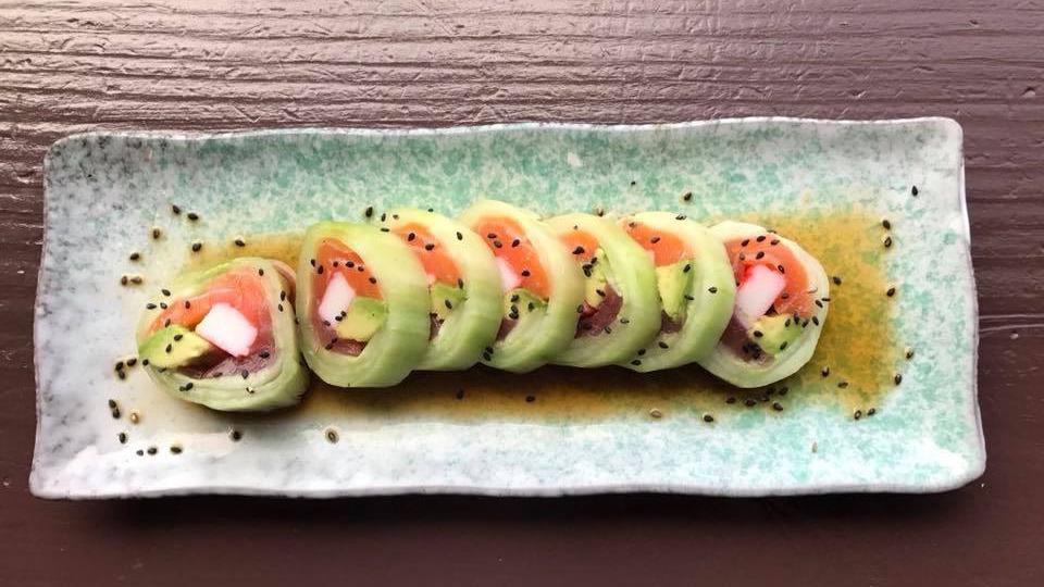 Midori Roll · New. Raw. Seven pieces. Tuna, salmon, crabstick, avocado all wrapped in cucumber with ponzu sauce, sesame seeds.

The consumption of raw or undercooked fish, meat, poultry, and eggs can put you at greater risk for foodborne illness.
