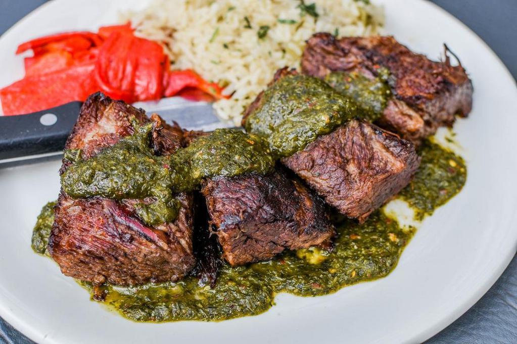 Chimichurri Short Rib · oven braised beef short rib, house chimichurri, fire-roasted red bell pepper, tomatillo rice, cilantro (riced cauliflower substitute available)