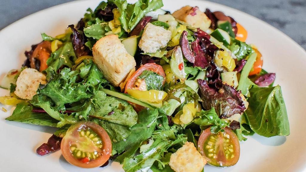 House Salad Large. · greens, cucumbers, tomato, kalamata olives, pepperoncinis, croutons, herb vinaigrette [add grilled chicken $6 / add grilled steak $8 / add grilled salmon $10]