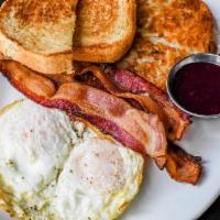 American Breakfast. · eggs, hashbrowns, choice of breakfast meat, toast