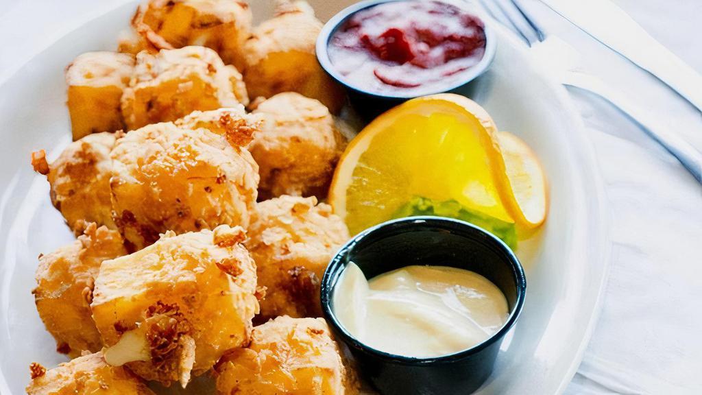 Skewered Fried Cheese · Fresh cut mozzarella cubes, hand battered and fried to order. Served with marinara and dijion mayonnaise sauces for dipping