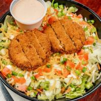 Crab Cake Salad · Two of our famous crab cakes fried and served on a bed of lettuce, with cheddar and jack che...