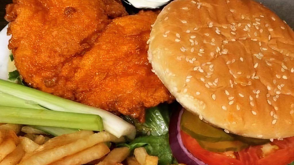Buffalo Chicken Sandwich · Hand breaded chicken sandwich smothered in housemade buffalo sauce and served with celery sticks and housemade bleu cheese dressing.