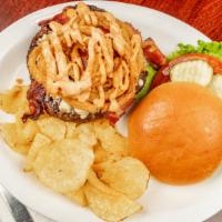 Black & Bleu Burger · Our fresh burger blackened and topped with blue cheese crumbles, bacon, chipotle aioli, and ...