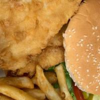 Fish Sandwich · Freshly hand breaded cod filets fried to a golden brown and served with lettuce, tomato, pic...