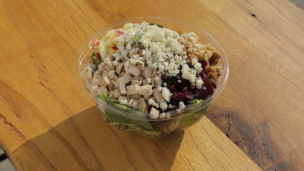 Apple & Pear (Large) · organic spinach, spring mix, herb grilled chicken, organic wheatberry, diced apple, pear, craisin, walnut, and bleu cheese. Suggested dressing: balsamic vinaigrette.