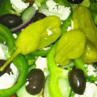 Grecian Salad · Lettuce, cucumber, feta cheese, kalamata olives, green pepper, onion, tomato and pepperoncini.