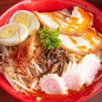 Spicy Miso Ramen · Spicy miso based rich with pork broth, pork chashu, boiling egg, bean sprout, and green onion.