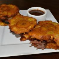Tostone Sliders · 3 crispy fried pressed Plantains. Served with your choice of smoked meat chicken, brisket, p...