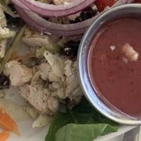 Almond Chicken Salad & Fruit Plate · Creamy almond chicken salad prepared with fresh chicken breast, grapes, celery and toasted a...