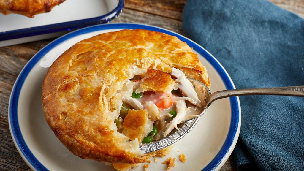 Chicken Pot Pie (Hot) · Our Signature Pot Pie recipe stuffed with pulled rotisserie chicken.