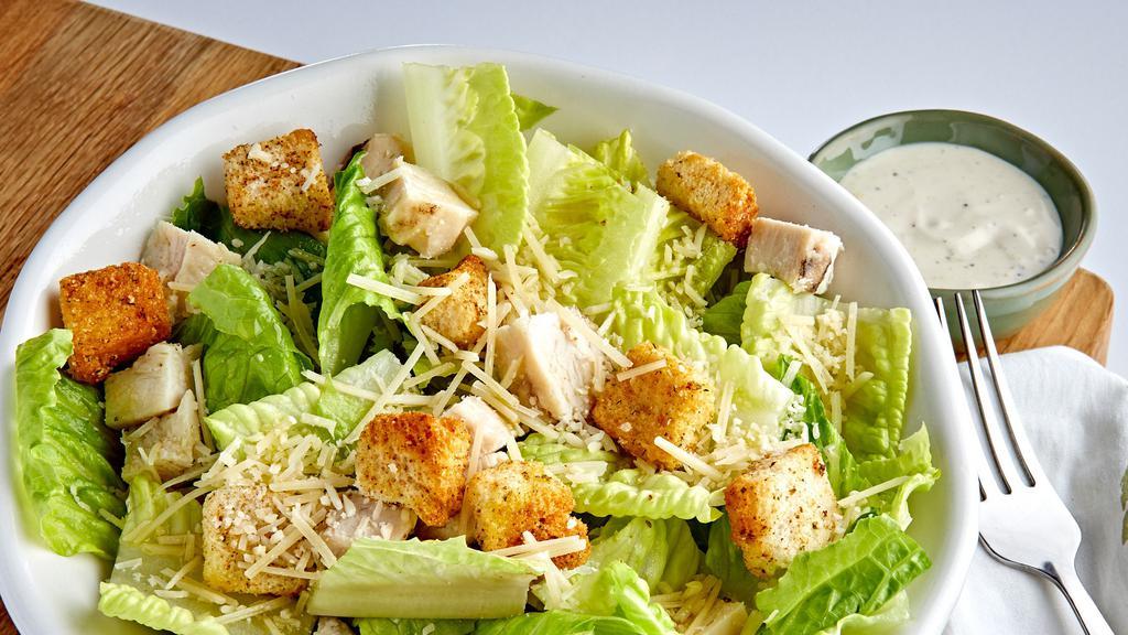 Caesar Salad With Grilled Chicken · Chopped Romaine, Croutons, Parmesan Cheese, topped with Grilled Chicken, Caesar Dressing on side.