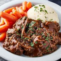 Pot Roast Meal · Tender Pot Roast, topped with Brown Gravy, with Mashed Potatoes & Roasted Carrots. Heat & se...