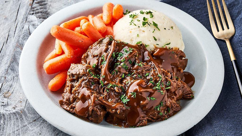 Pot Roast Meal · Tender Pot Roast, topped with Brown Gravy, with Mashed Potatoes & Roasted Carrots. Heat & serve.
