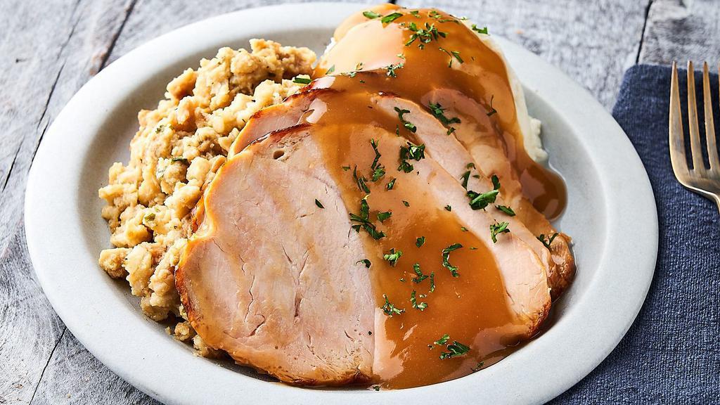 Roast Turkey Meal · House Roasted Turkey Breast topped with Chicken Gravy, with Mashed Potatoes & Stuffing. Heat & serve.
