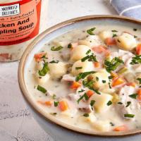 Chicken & Dumpling Soup · Tender dumplings, chicken, carrots, celery, creamy chicken broth. Heat & serve.