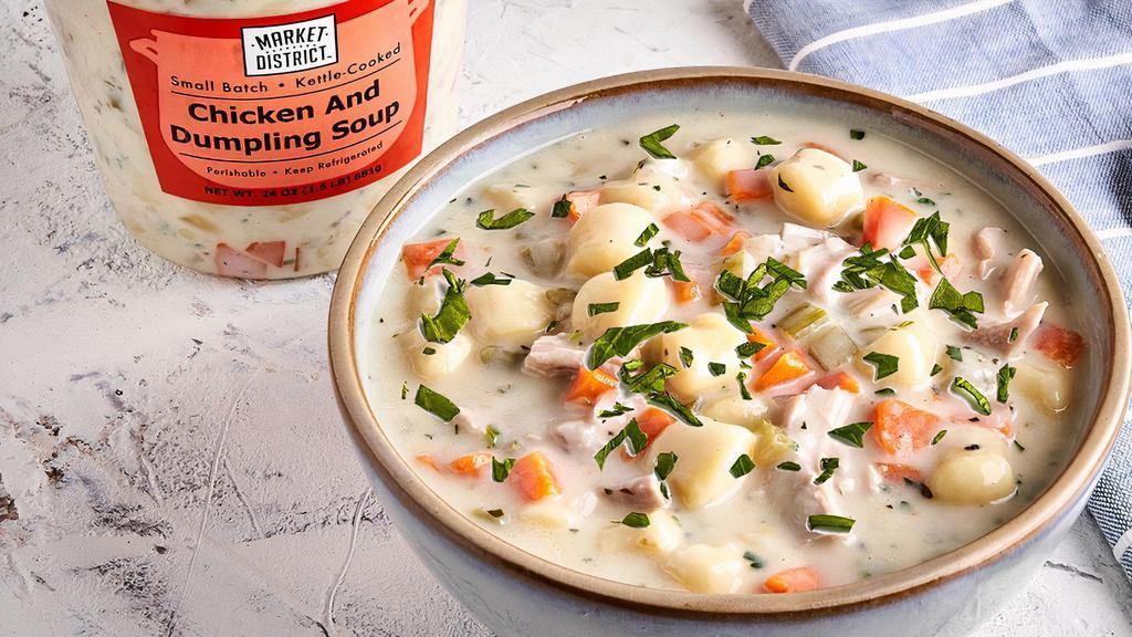 Chicken & Dumpling Soup · Tender dumplings, chicken, carrots, celery, creamy chicken broth. Heat & serve.