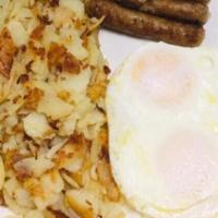 Kids 2 Eggs · Served with bacon or sausage, hash browns, and white toast.