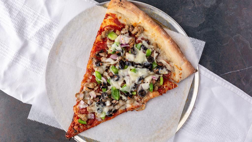 Highway Special · Pepperoni, sausage, mushrooms, green peppers, onions, black olives.