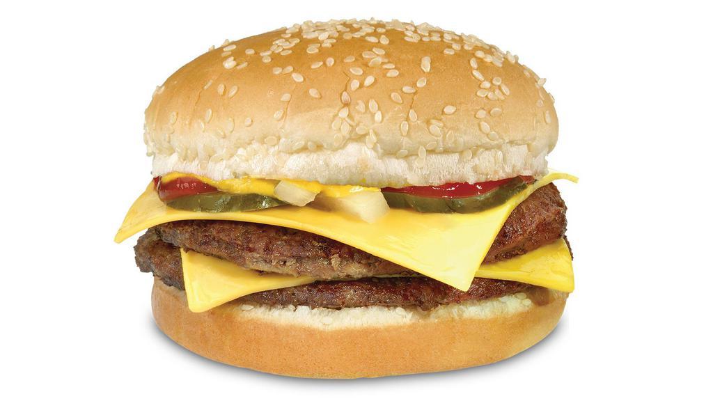 Combo 11. Double Cheeseburger · Two all-beef patties topped with two slices of melted American cheese, diced onions, pickles, ketchup, and mustard in a seeded bun.
