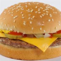 Cheeseburger · An all-beef patties topped with one slice of melted American cheese, diced onions, pickles, ...