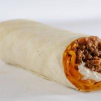Combo Burrito · Seasoned ground beef, refritos, cheese, enchilada sauce, and sour cream rolled in a soft flo...