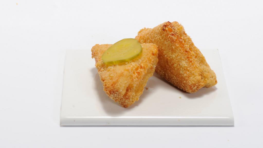 Cheese Frenchee Kids Meal · Sandwich with American cheese and salad dressing that’s hand-dipped in egg batter and cracker crumbs and fried to a golden brown. Three triangle sections with two sliced pickles in an order.