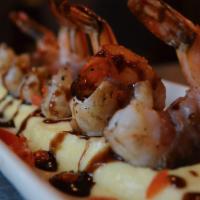 Grilled Prosciutto Wrapped Shrimp · Tuscan spices, grape tomato relish, parmesan polenta, balsamic glaze.